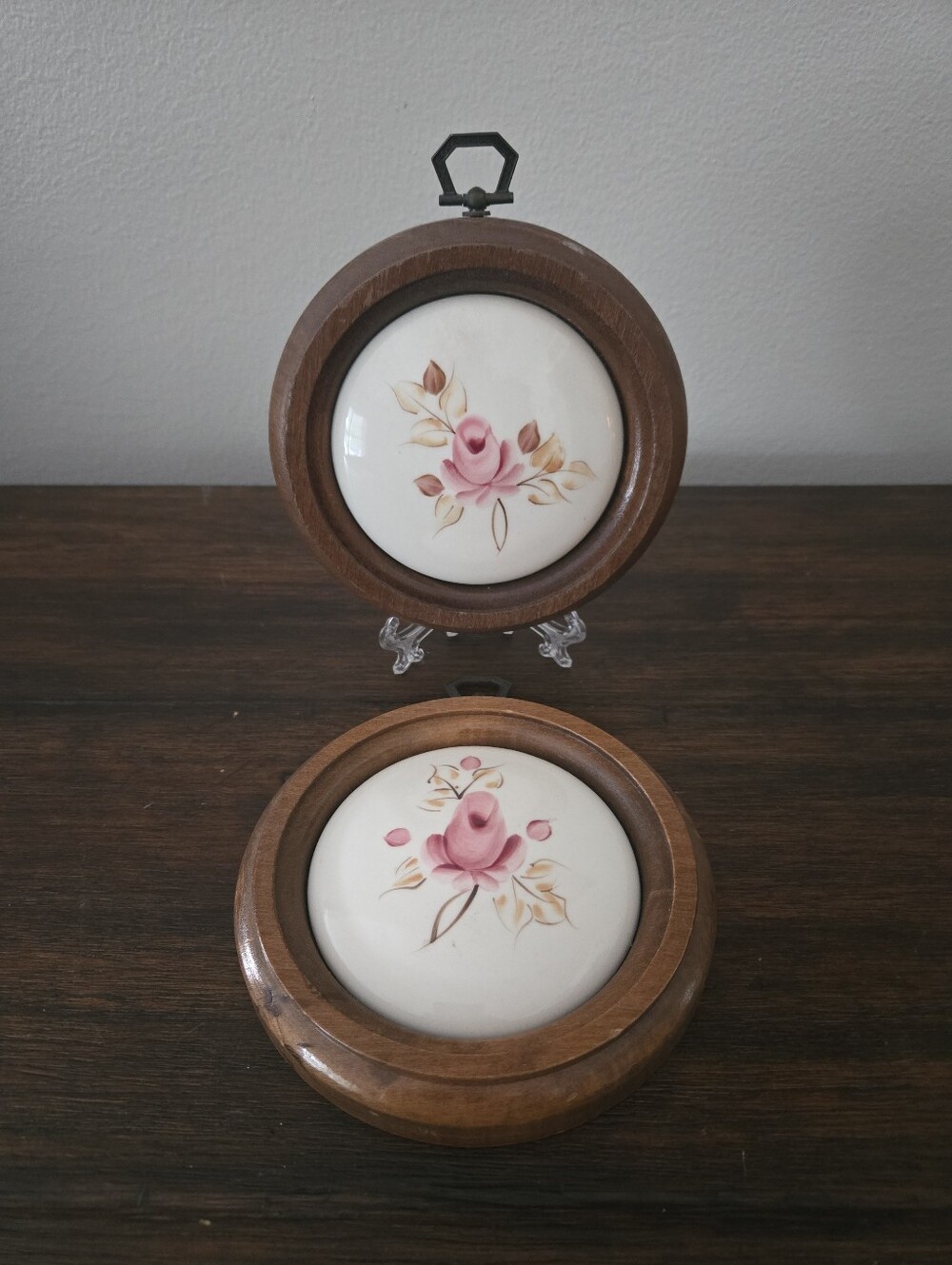 VTG Pink Rose Handpainted Floral Ceramic Inset Wood Frame Metal Hook Wall Decor